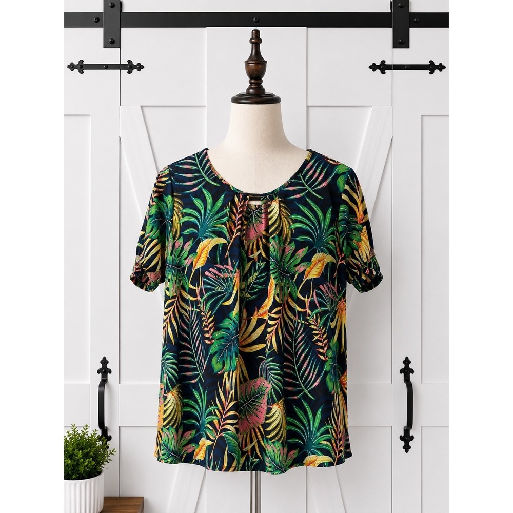 New 80 Park Tropical Palm Print Top Women 2X Multicolor Gold Bar Keyhole
